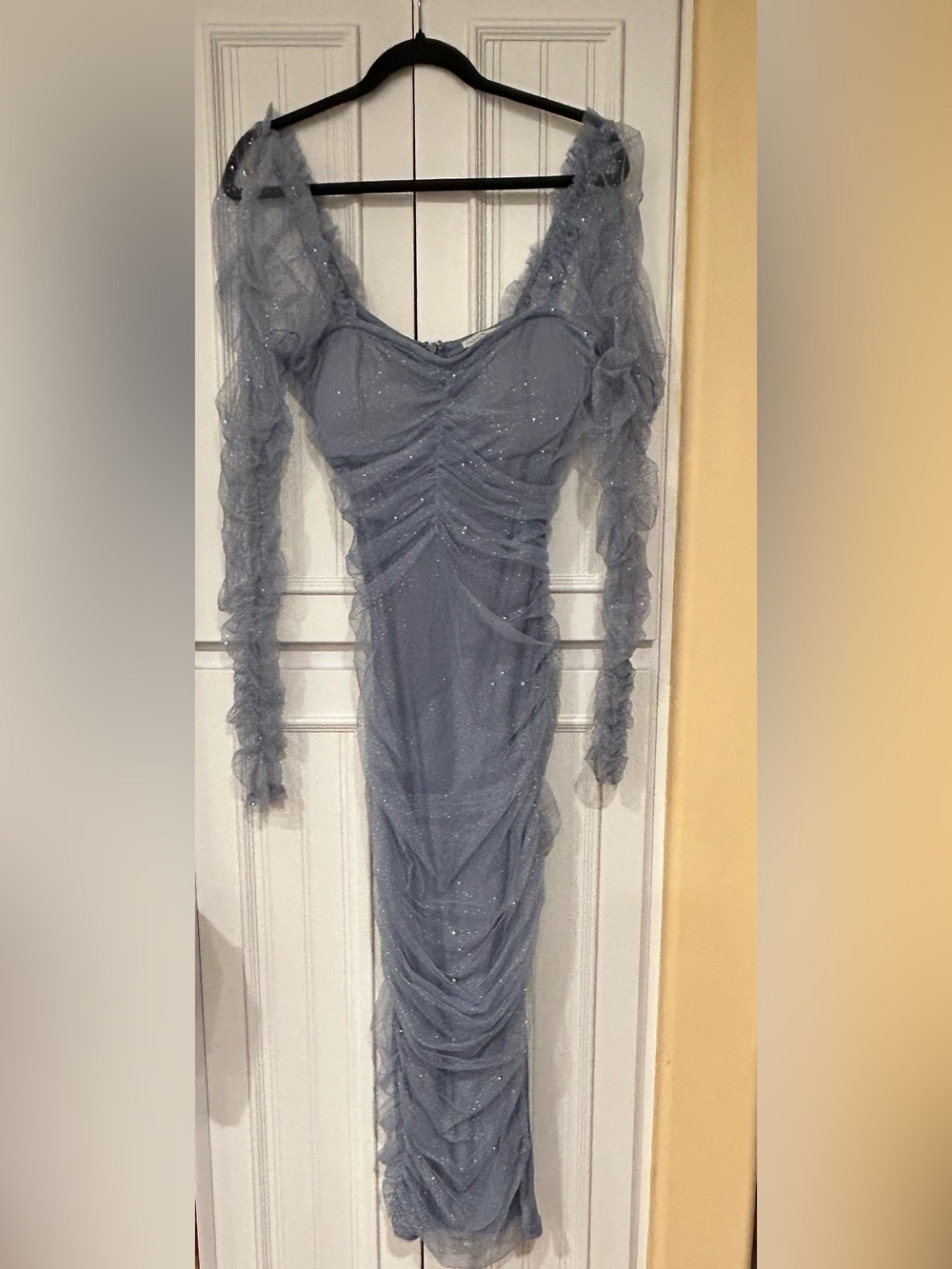 Fashion Nova Sparkle Ruched Long Sleeve Gray Mesh Gown. Sz Lg.